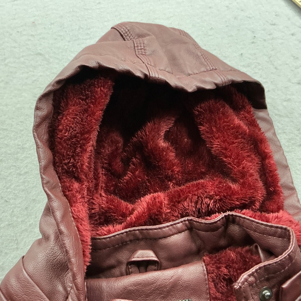 Burgundy Faux Leather Hooded Moto Jacket Faux Fur Lined Pockets Med Streetwear - Picture 15 of 16
